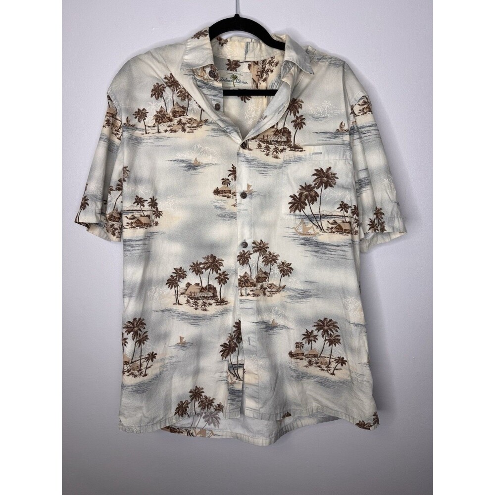 Men’s Island Shores Hawaiian Button Down Shirt Medium Cotton Palm Trees